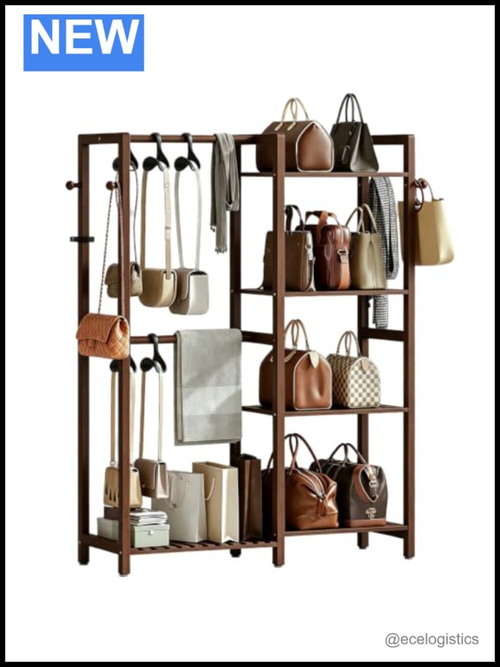 Bamboo 4-Tier Purse Organizer for Closet, Large Handbag Storage Rack with Hooks